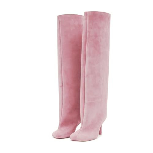 Trelako Women's Knee High Boots Pink Suede Wide Calf Stiletto Long Booties Square Toe Pull On High Heel Riding Boots for Women Ladies Fahion Dress Tall Boots | Amazon (US)