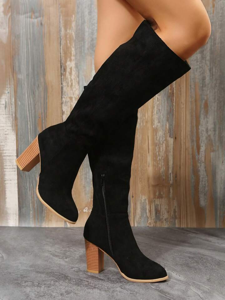 Elegant Black Boots For Women, Side Zipper Point Toe Chunky Heeled Faux Suede Classic Boots | SHEIN