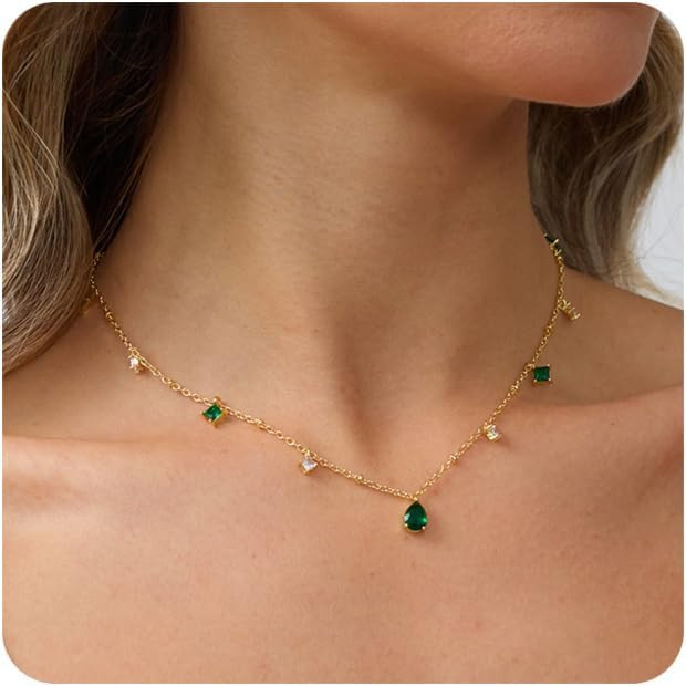 RLMOON Gold Necklaces for Women 14K Gold Plated CZ Diamond Choker Necklace Red Emerald Green Blue... | Amazon (US)