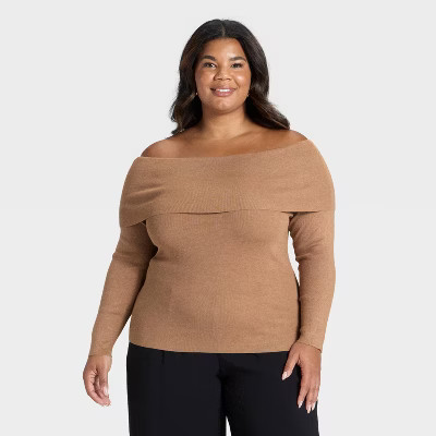 Women's Long Sleeve Off the Shoulder Pullover Sweater - A New Day™ Brown 4X | Target