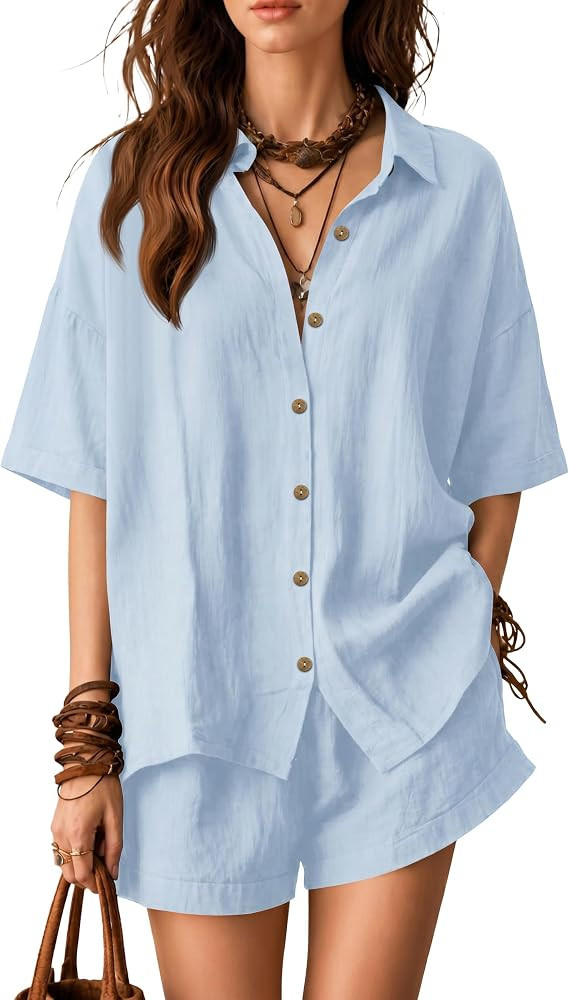 GUNEST Women Summer 2 Piece Sets Cotton Casual Short Button Down Set | Amazon (US)