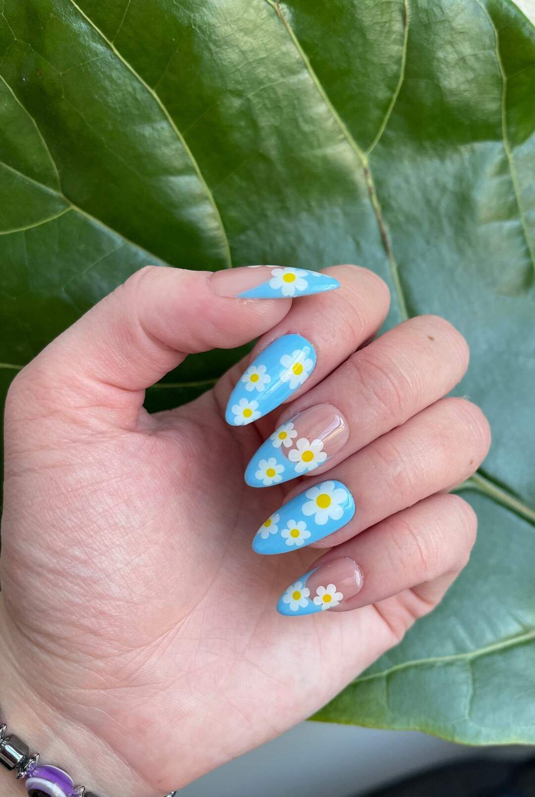 BLOSSOM | Light Blue French Tip Press On Nails with Daisy Accents | 90s Style Retro Flower Nails ... | Etsy (US)