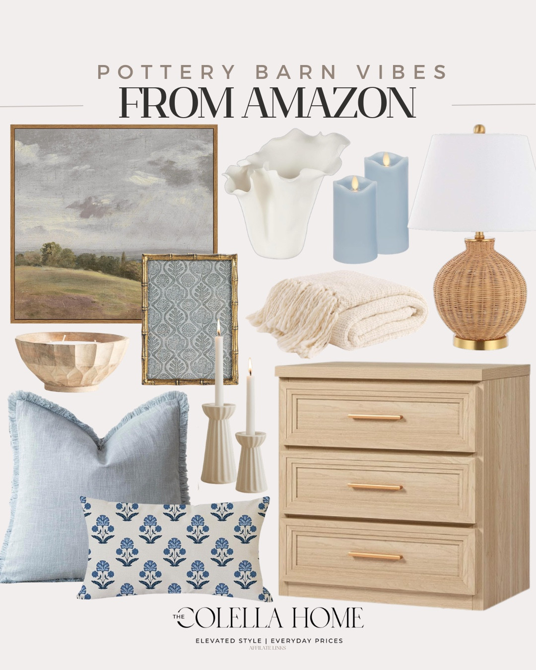 Designer home looks from Amazon include side table, throw pillows, candle stick holders, throw blanket, table lamp, pillar candles vase, frame, wall art, decorative bowl.

Looks for less, pottery barn, coastal decor, neutral decor home decor

#LTKSeasonal #LTKvlog #LTKHome