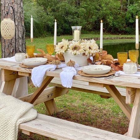 The first fall tablescape of my favorite season. It features a neutral color palette with cream, white, wood, and amber and leaves lots of room for adding the bolder colors as the season progresses. What do you think?

#LTKSeasonal #LTKhome