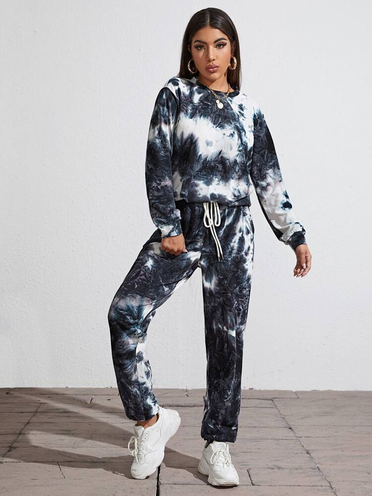 SHEIN Tie Dye Pullover and Slant Pocket Pants Set | SHEIN