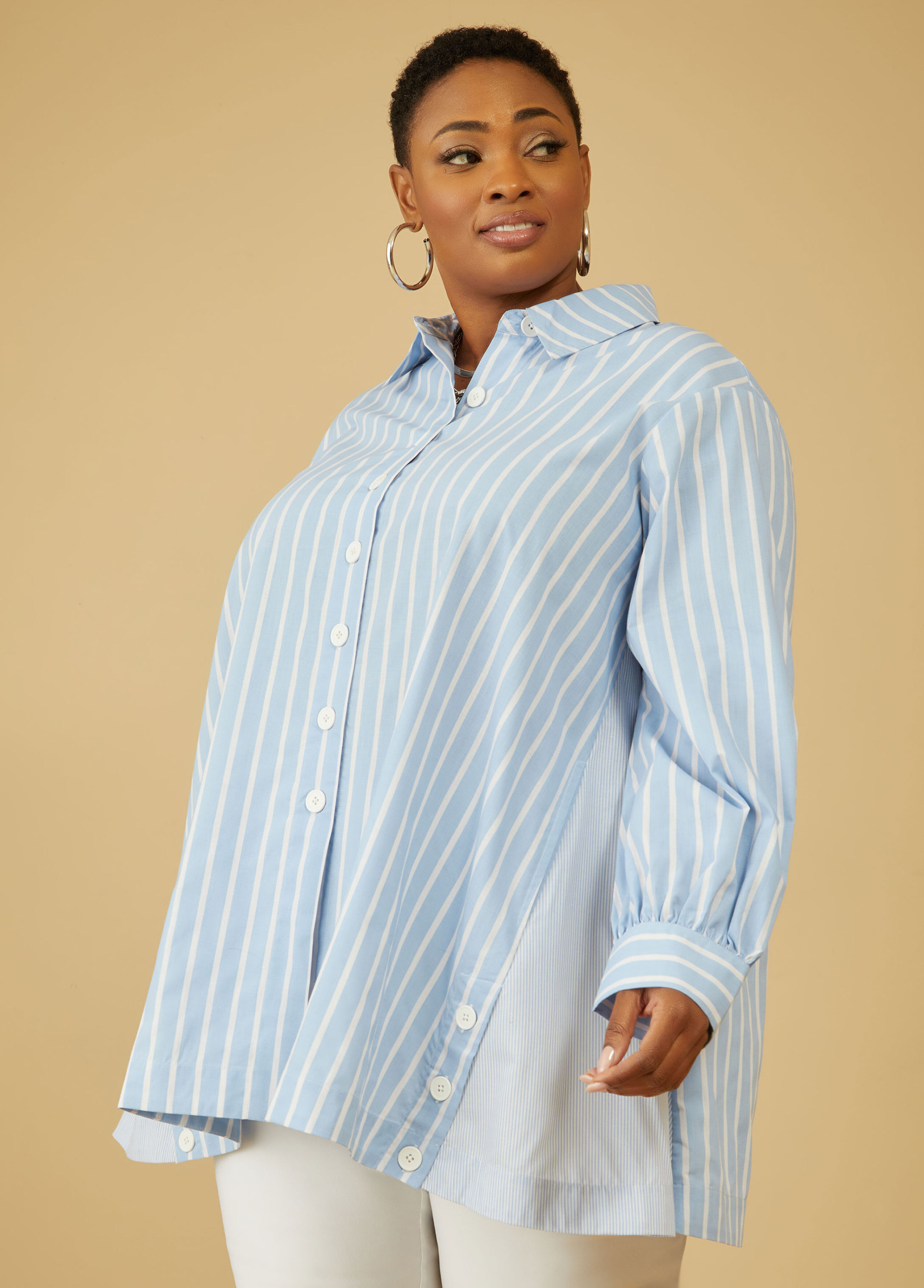 Button Detailed Striped Shirt | Ashley Stewart