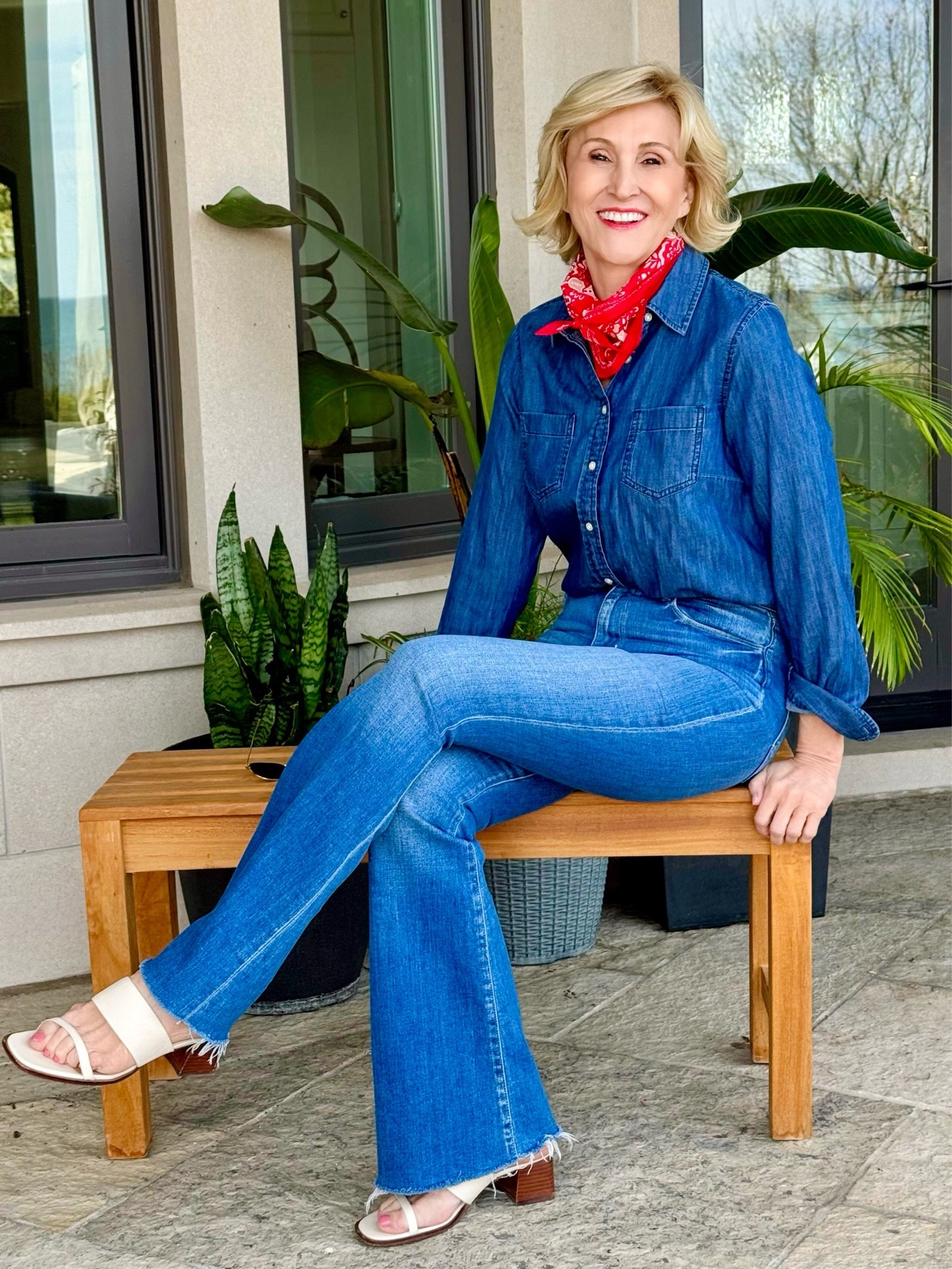 Some outfits just make you feel instantly comfortable and confident, and this denim-on-denim look is one of those for me. I know a lot of women over 50 worry that double denim can look too trendy or hard to pull off, but when you mix different washes and keep the silhouette streamlined, it feels classic instead of complicated.

And can we talk about this little red scarf? Sometimes all an outfit needs is one fun accessory to bring it to life.

#LTKOver40 #LTKSeasonal #LTKootd
