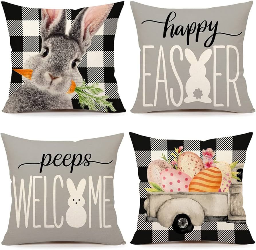 Easter Pillow Covers 18x18 Set of 4 Easter Decorations for Spring Farmhouse Pillows Easter Decora... | Amazon (US)