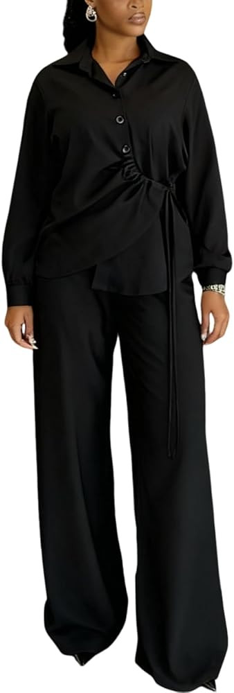 Elainone Womens 2 Piece Travel Outfits Dressy Casual Button Down Drawstring Shirt and Wide Leg Pa... | Amazon (US)