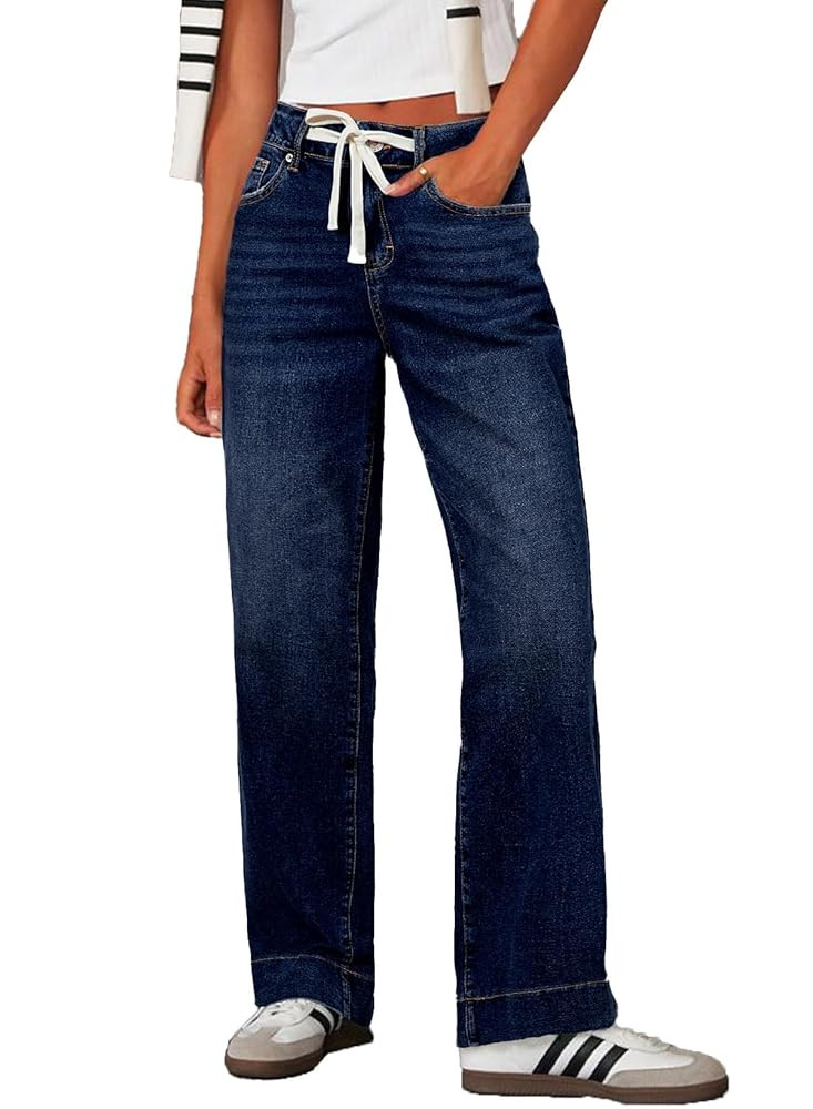 Sidefeel Women's Wide Leg Jeans High Waisted Stretchy Straight Leg Baggy Drawstring Zimbaplatinum... | Amazon (US)