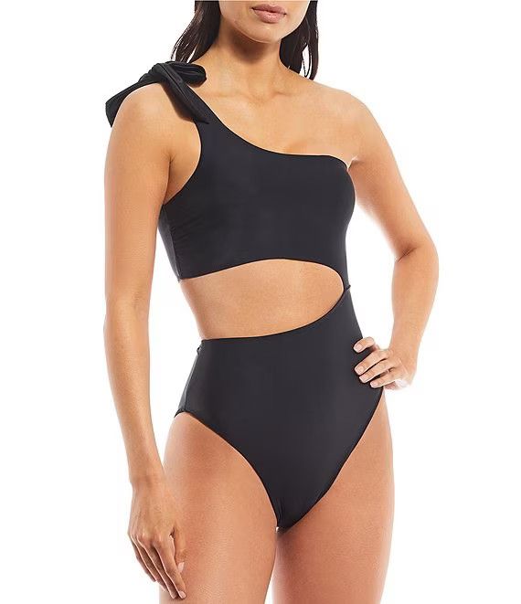 Solid Black Asymmetrical Tie Shoulder Cut-Out One Piece Swimsuit | Dillard's