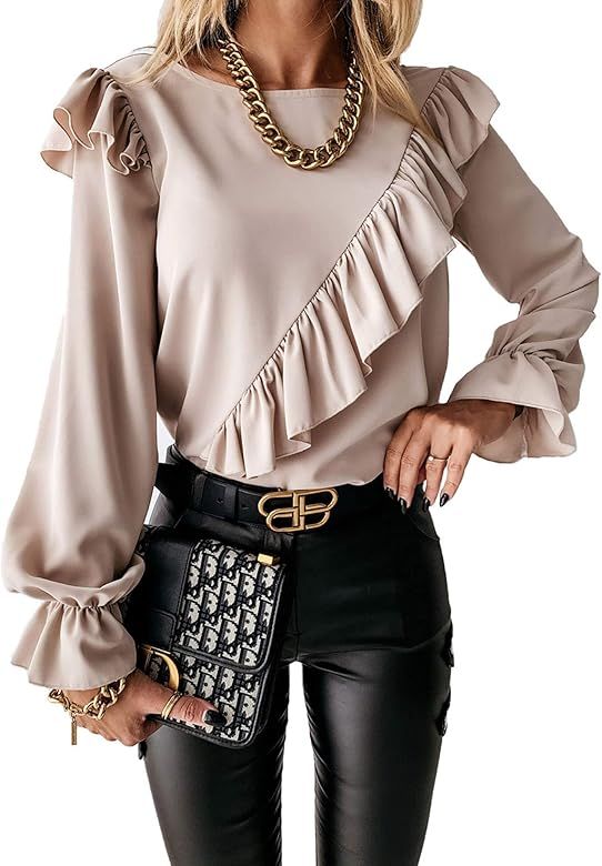 XIAOSHI Women's Long Sleeve Ruffle Front Rib Shirt Crewneck Puff Pullover Tops Blouse (Apricot, M... | Amazon (US)