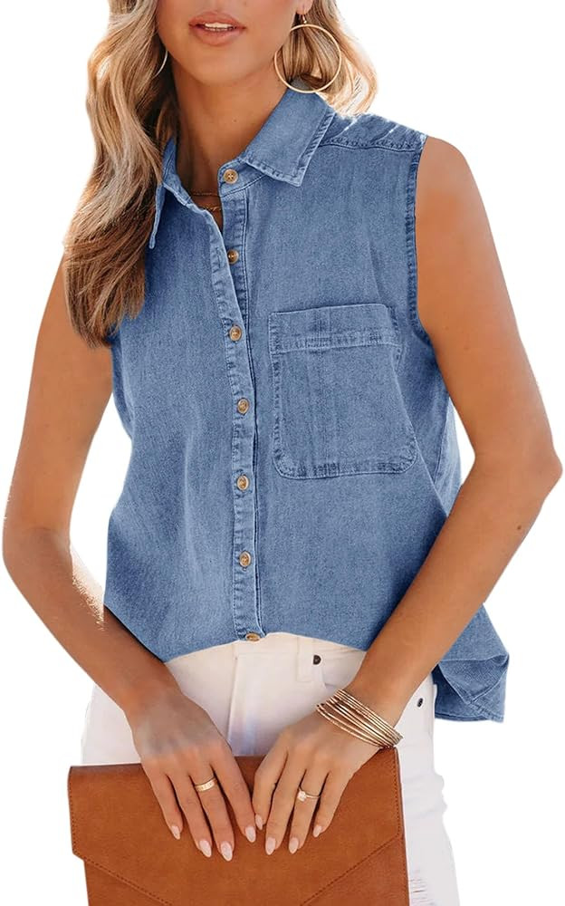 Orchidays Women's Denim Tank Top V Neck Button Down Collared Sleeveless Shirts Casual Blouse Tops | Amazon (US)