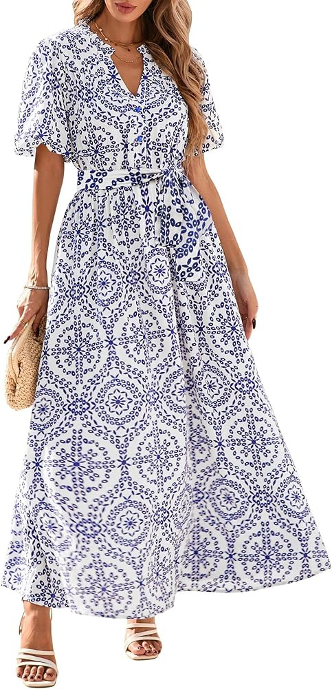 KIRUNDO Women Spring Summer Wedding Guest Boho Floral Maxi Dress Puff Sleeve Button Shirt V Neck ... | Amazon (US)
