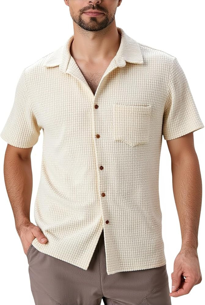 PAODIKUAI Men's Retro Short Sleeve Corduroy Shirt Casual Button Down Shirts | Amazon (US)