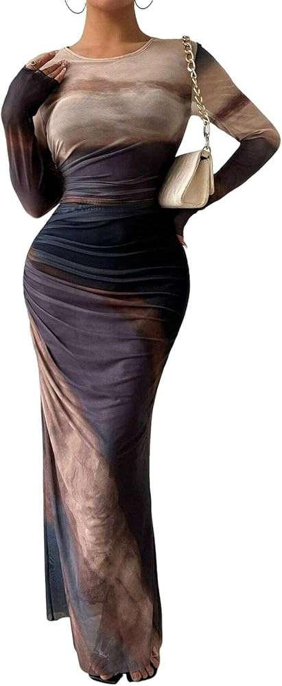 Women's Tie Dye Long Sleeve Maxi Dress Bodycon Ruched Night Out Formal Cocktail Long Dress for We... | Amazon (US)