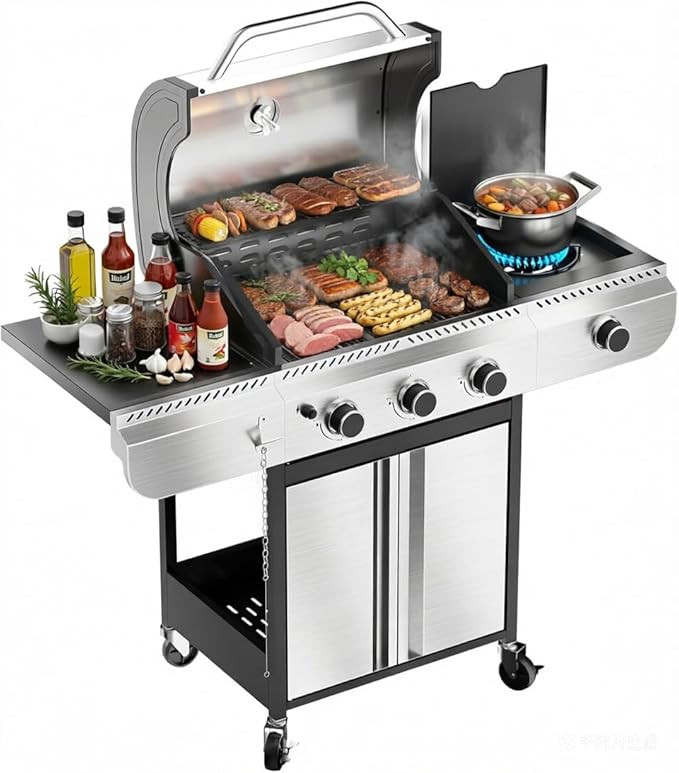 3-Burner Propane Gas Grill with Side Burner, 34,000 BTU Stainless Steel BBQ Grill – Heavy-Duty ... | Amazon (US)