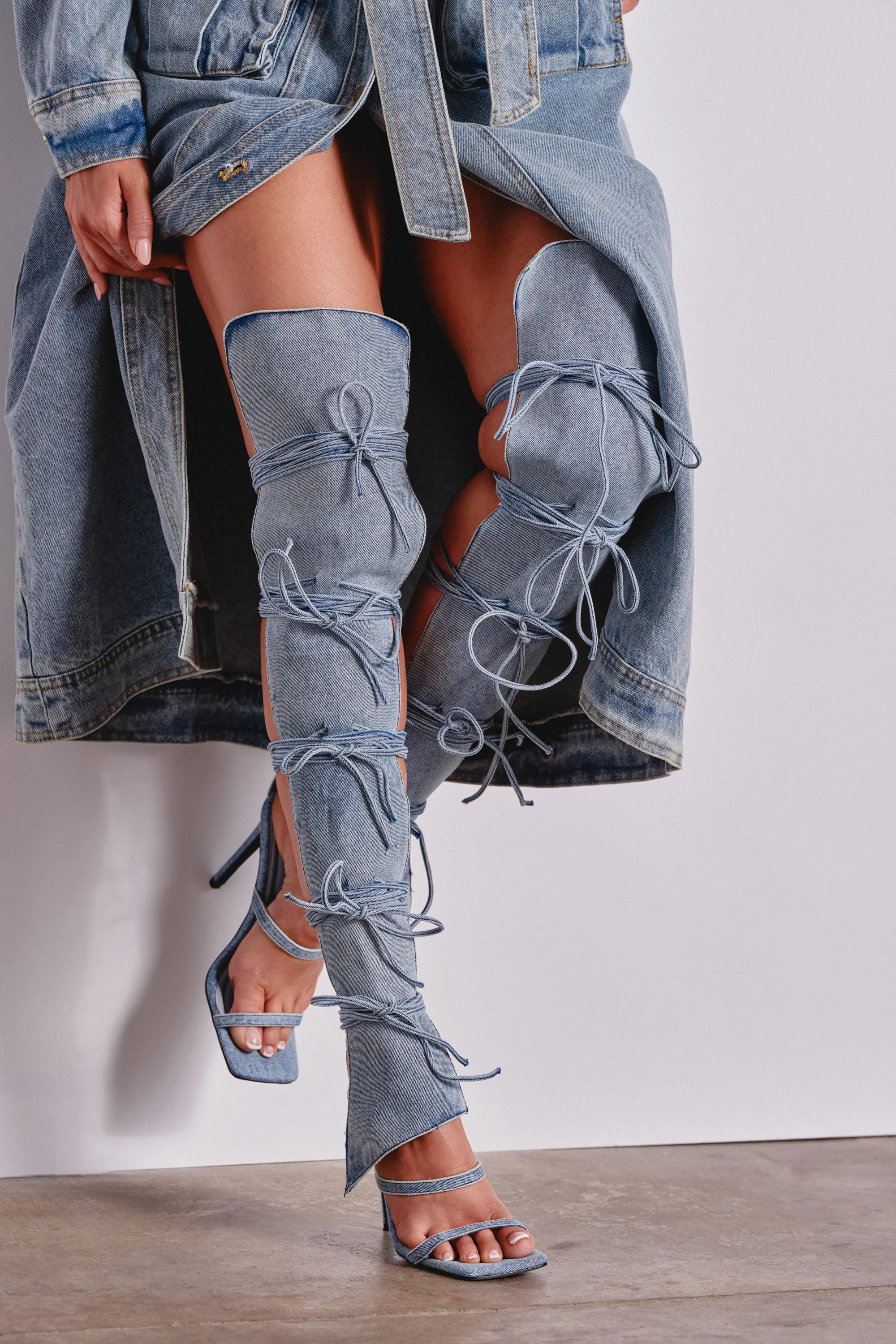 AZALEA WANG KRISTINE DENIM STILETTO GLADIATOR SANDAL | AKIRA