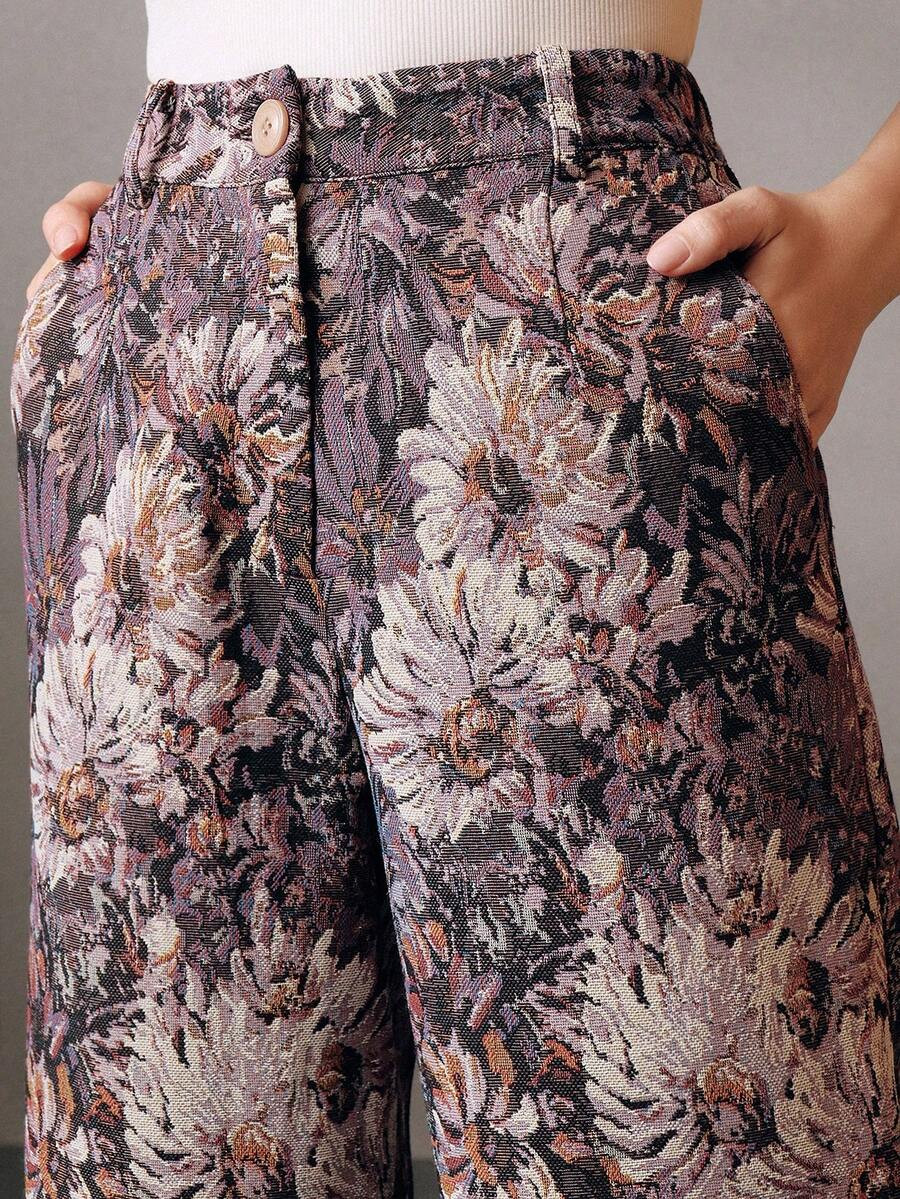 Anewsta Women's Fashionable Slim Fit Vintage Elegant Random Jacquard Jacquard Vacation Pants | SHEIN