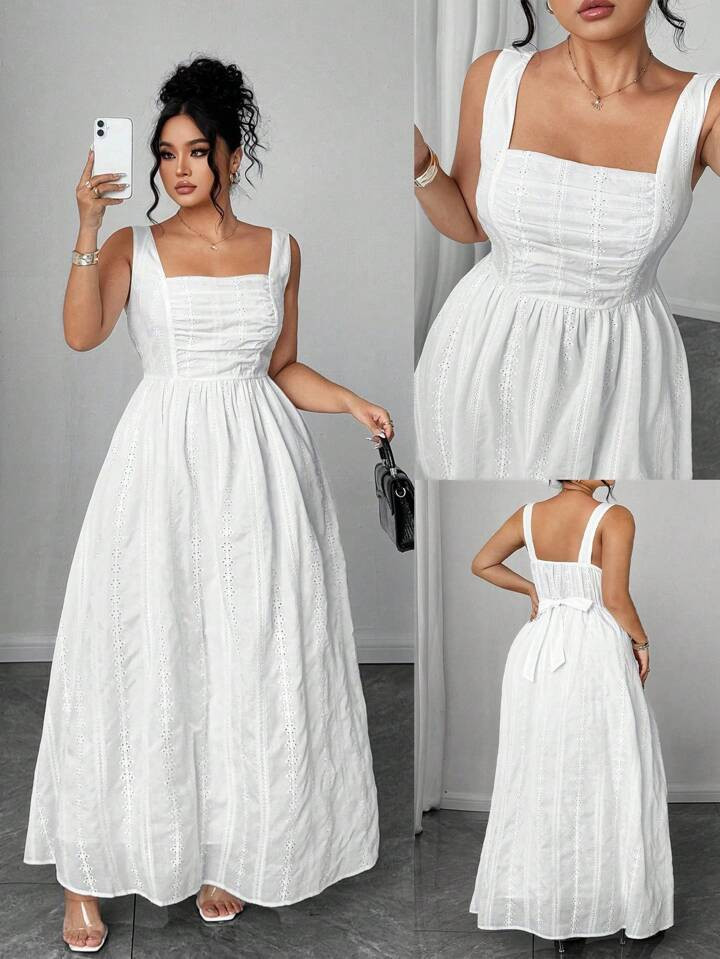 Elenzga Plus Size Women's Holiday White Floral Embroidery Fabric Backless Bowknot Tie Flare Skirt Square Collar Sleeveless Waist Gathered Slim Dress, Spring/Summer | SHEIN