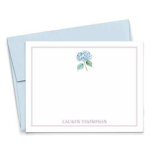Personalized Hydrangea Stationery Cards And Envelopes Set, FLAT Watercolor Flower Cards With Name... | Amazon (US)