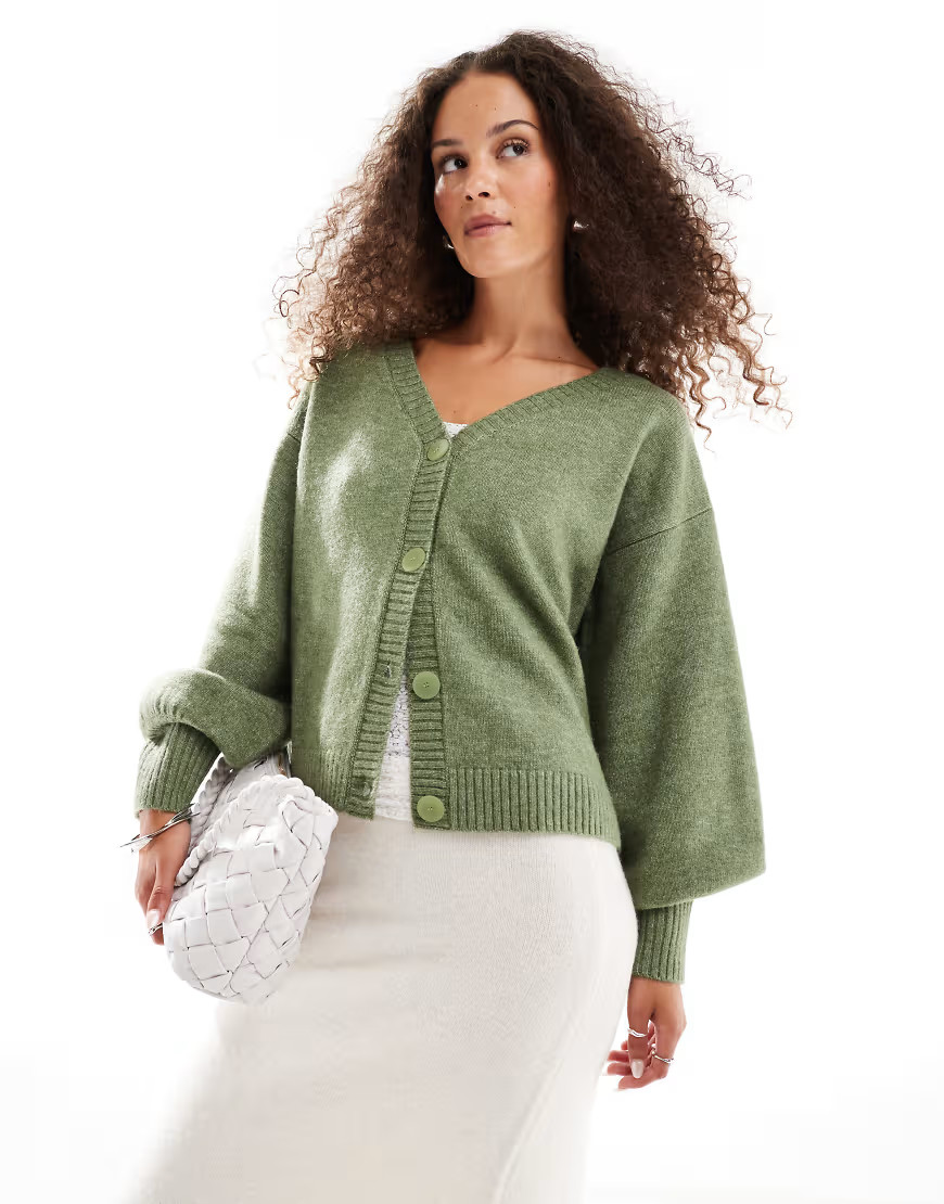 VRG GRL sorrentino fluffy relaxed knit cardigan in olive-Green | ASOS (Global)
