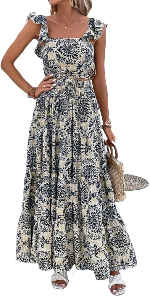 womens summer sets 2 piece Print Ruffle Trim Cami Top & Skirt | Amazon (US)