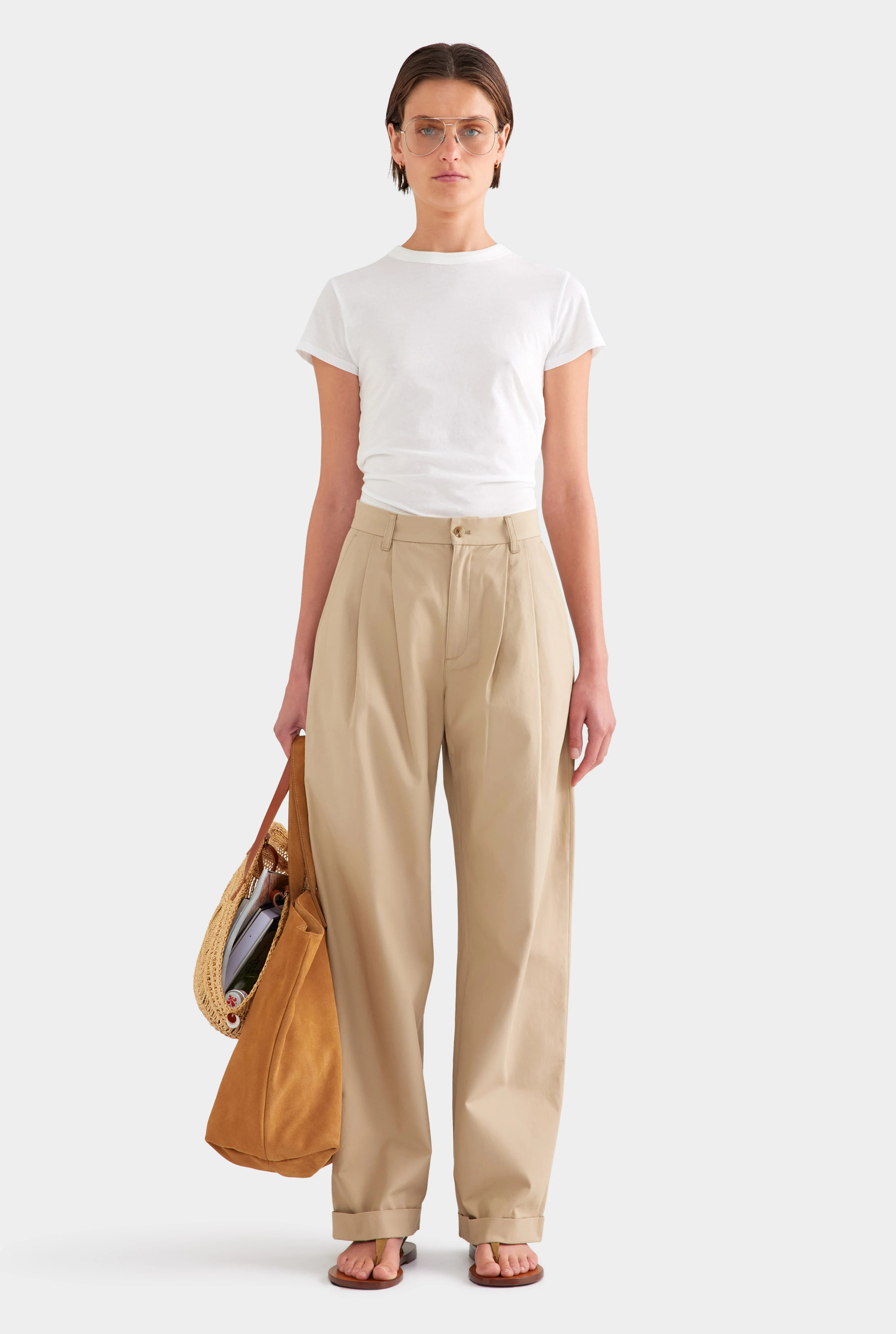 Womens Tapered Cotton Pleat Pant in Pale Khaki | Venroy | Venroy AU