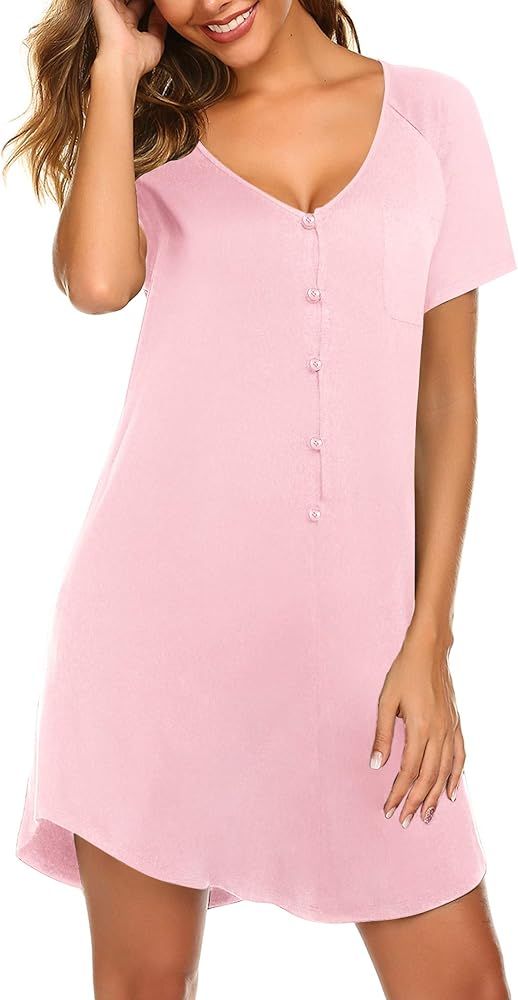 Ekouaer Womens Sleepwear Short Sleeve Nightgown Button Down Pajamas for Women Nightshirt S-XXL | Amazon (US)