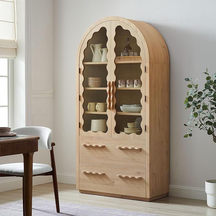 Modway Rory 76 Inch Arched Kitchen Pantry Cabinet with Glass Doors in Light Oak - Vintage Retro A... | Amazon (US)
