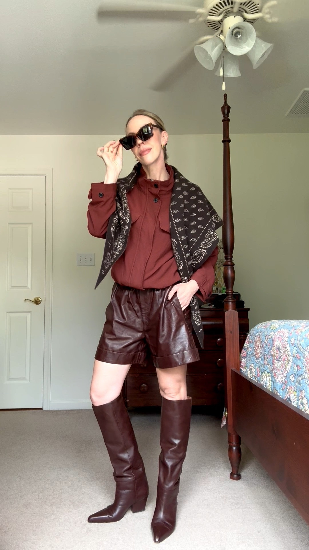 Fall date night, funnel neck jacket, bandana scarf, leather shorts with cowboy boots, western fall outfit

#LTKSeasonal #LTKOver40