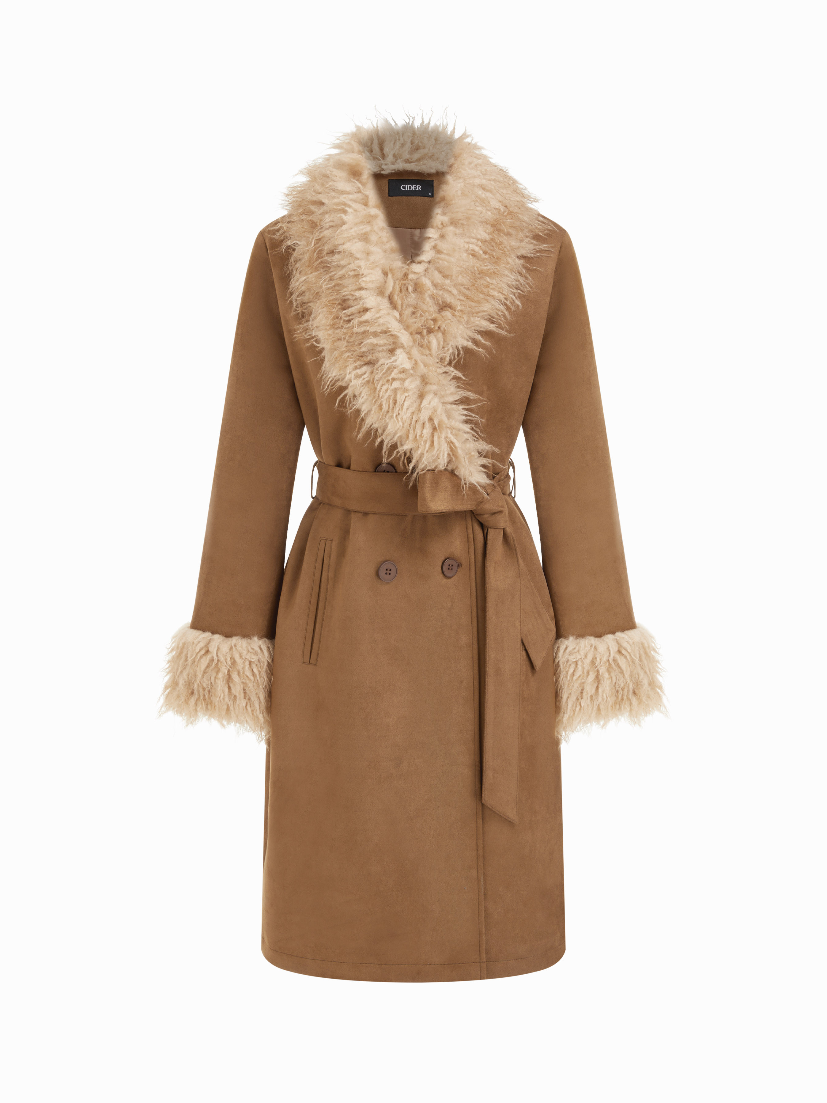Suede Suede Collar Faux Fur Trim Double Breasted Oversized Jacket With Belt For Daily Casual | Cider