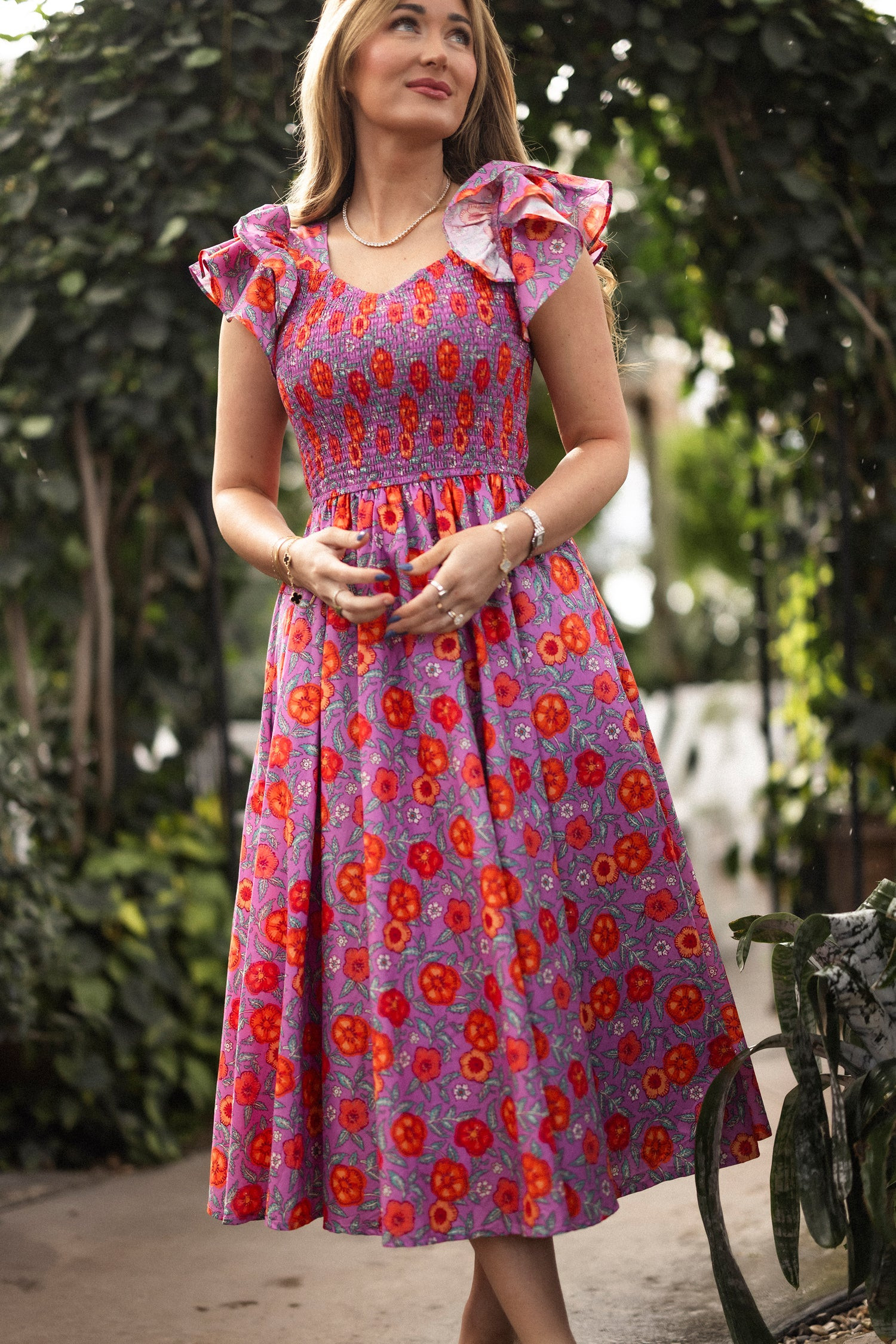 Hattie Dress in Thistle Flower Poppy Woodblock | Ivy City Co