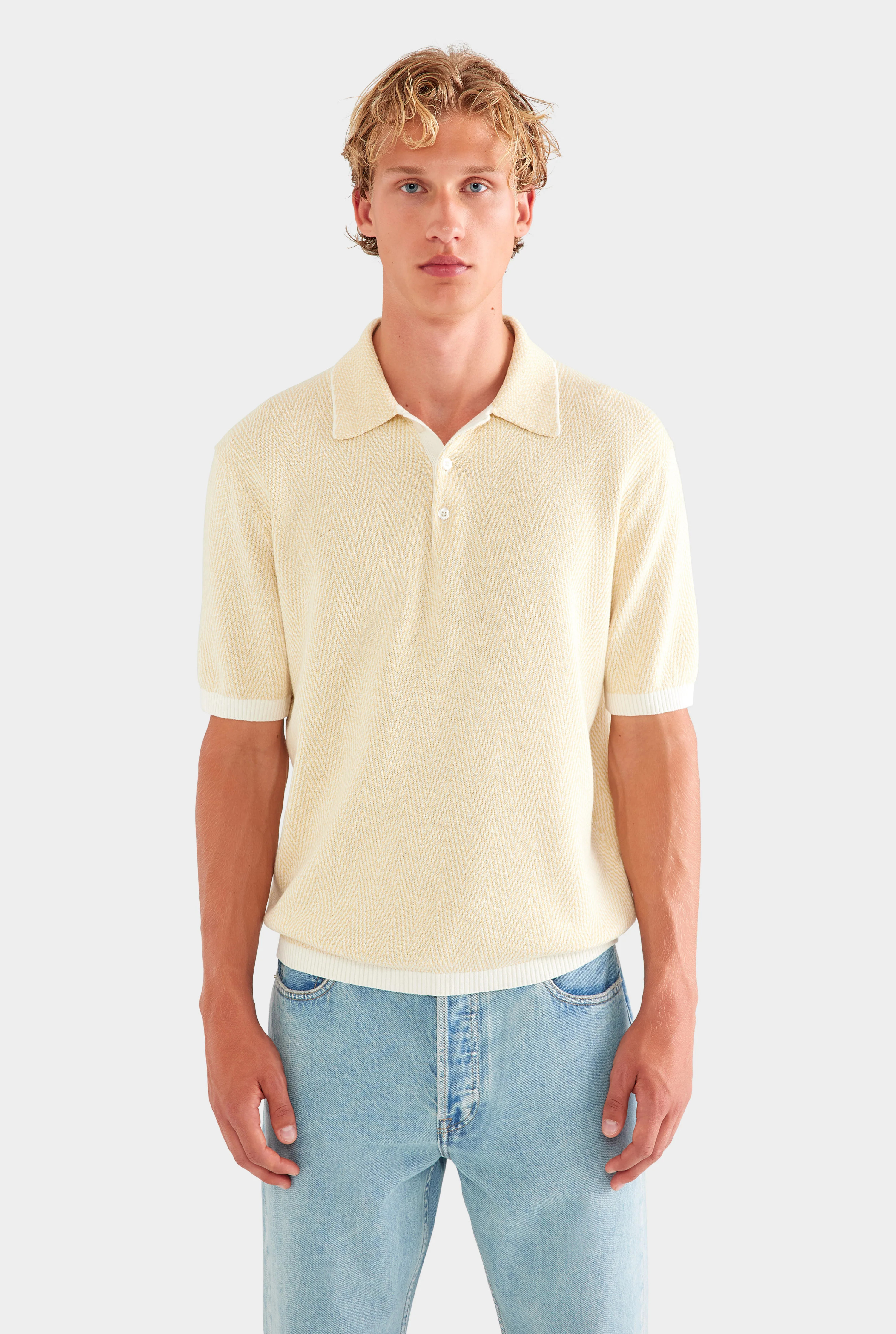 Mens Chevron Knit Polo Cream/Beige | Venroy | Venroy AU