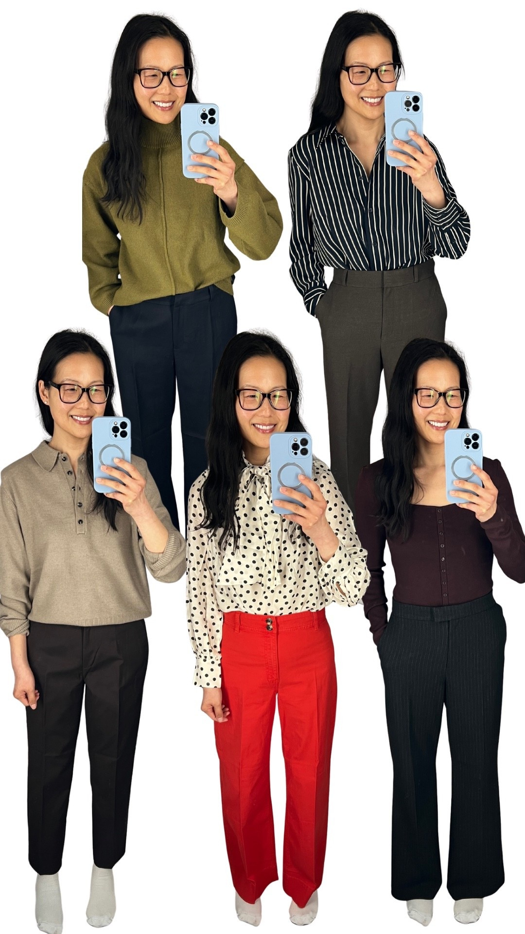 Casual workwear
Everything comes in multiple colors

- Polka dot blouse - not online
- Red pants, 98% cotton, 2% elastane, feel like a denim or canvas, high rise, no front pockets, TTS
- Mock neck sweater, not itchy imo, TTS for oversized fit, wearing small
- Striped button up shirt, TTS, wearing size small
- Polo sweater, TTS, I’m wearing a medium but would prefer my normal size small
-  Square neck top, wearing size small
- “Bootcut Pants” - These are the ones I’m wearing with the square neck top, Pinstripe pants with elastic waistband, tts
- “Dress Pants” - the photo of just pants no person, these are the pants I’m wearing with the stripe shirt, loose straight leg, loved them, tts
- “Slacks” - These are the ankle length pants, they have a comfy elastic waistband all around the inside, tts
- “Dress Pants” - photo with suit, I am wearing these with the green sweater, the have a slight texture which made them feel better quality and gave a little something extra, loved them, tts
