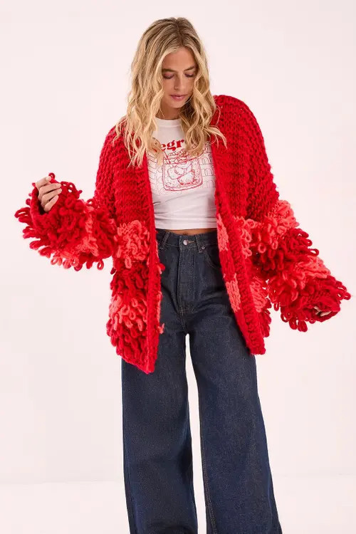 NASTY GAL Extreme Stripe Loopy Cardigan in Red at Nordstrom, Size Small | Nordstrom