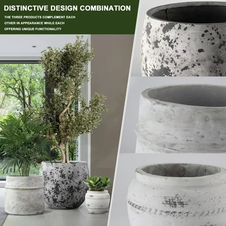 Large Concrete Planters Set of 3, Big Round Outdoor Indoor Garden Pots with Drainage Hole & Rubbe... | Walmart (US)