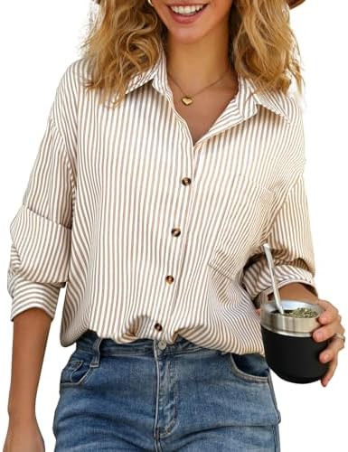 CHYRII Women's Striped Button Down Long Sleeve Blouse | Amazon (US)