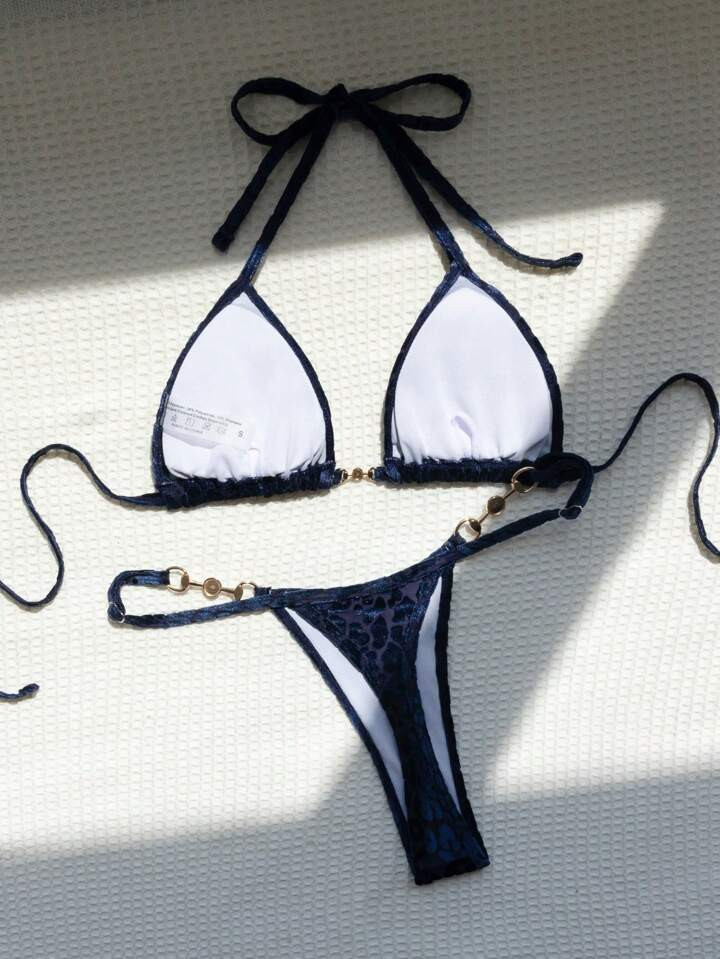 Leopard Jacquard Chain Linked Halter Triangle Bikini Swimsuit | SHEIN