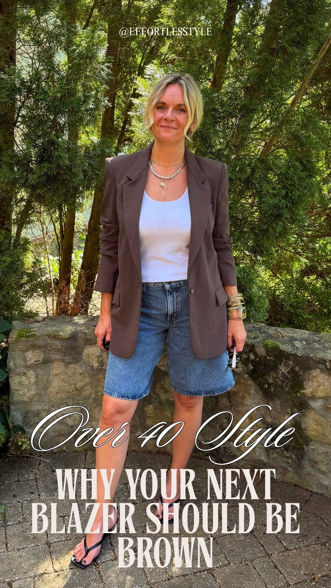 Everyone loves a black blazer because it goes with everything, but a brown one is the real secret weapon for an outfit that feels current and warm 👇

Here's why a brown blazer deserves a spot in your closet this season:

🤎 It works with more than you think. White, cream, tan, denim, olive, rust, black — a brown blazer plays well with almost every color in your wardrobe. It's a neutral that doesn't feel neutral, which is exactly what makes it so versatile and interesting at the same time.

🤎 It adds warmth that a black blazer simply can't. As we transition into fall, brown is the color that makes every outfit feel rich and seasonal without trying too hard. It photographs beautifully, it flatters every skin tone, and it feels elevated in a way that black can sometimes feel flat.

🤎 It's the unexpected choice that makes your outfit memorable. Anyone can reach for a black blazer. A brown one signals that you have a point of view — that you're dressing with intention rather than defaulting to the obvious choice. That confidence reads instantly.

OOTD ✨ Brown blazer + white tank + denim bermuda shorts + black thong kitten heel sandals + layered necklaces. All from my own closet — linked the closest versions I could find. Everything shoppable below! 👇

#LTKgrwm #LTKootd #LTKOver40