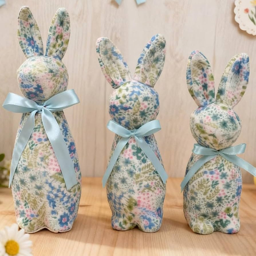 Easter Bunny Decorations Set of 3 - (12", 10", 9") Flocked Bunnies with Flower & Grass Patterns f... | Amazon (US)