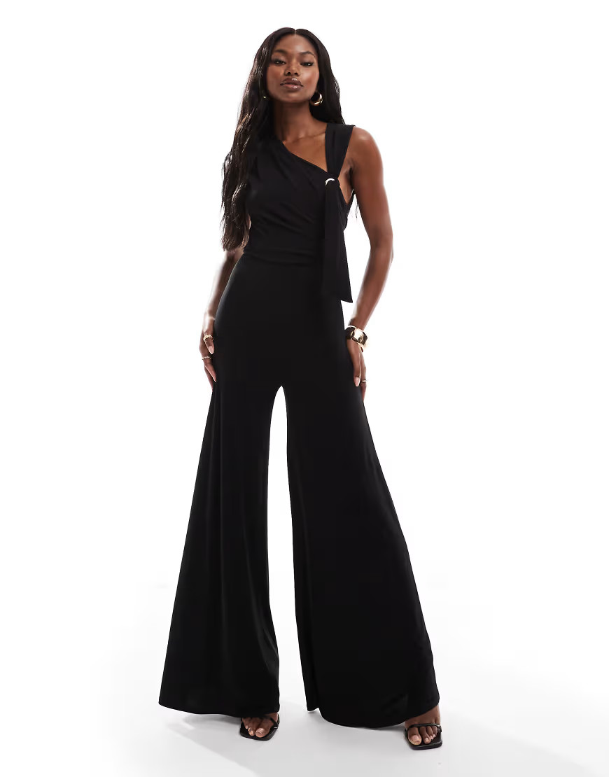 ASOS DESIGN asymmetric neckline jumpsuit with oversized ring trim in black | ASOS (Global)
