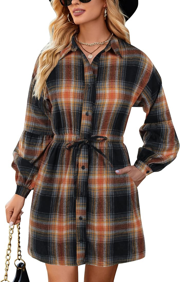Blooming Jelly Womens Plaid Dress Flannel Puff Sleeve Dress Button Down Casual Fall Dresses for W... | Amazon (US)