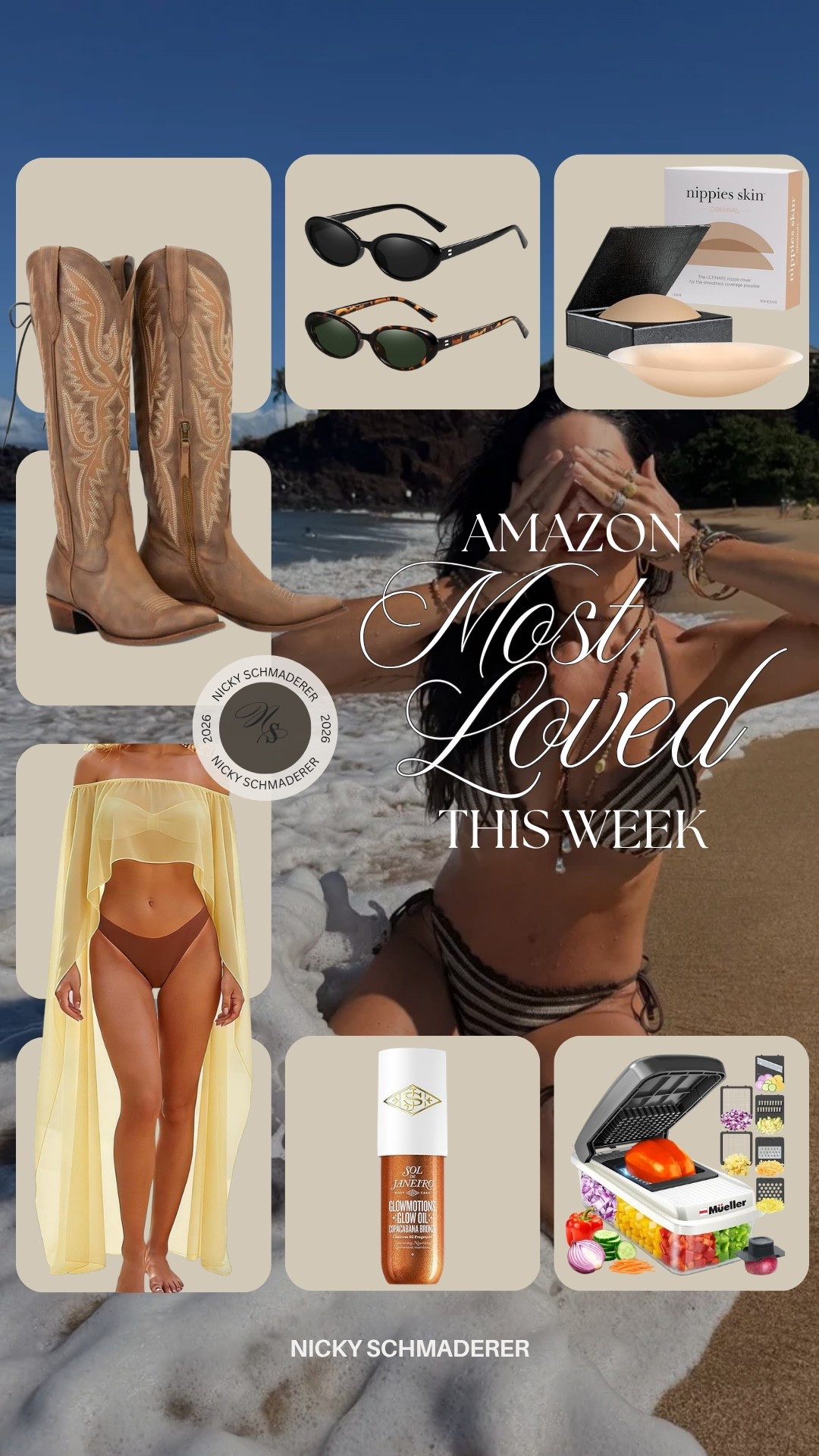 Your Amazon favorites! 
Cowgirl boots 
Bikini coverup 
Sunglasses 
Nippies 
Body glow 
Food chopper

#LTKSaleAlert #LTKSeasonal #LTKdayinmylife