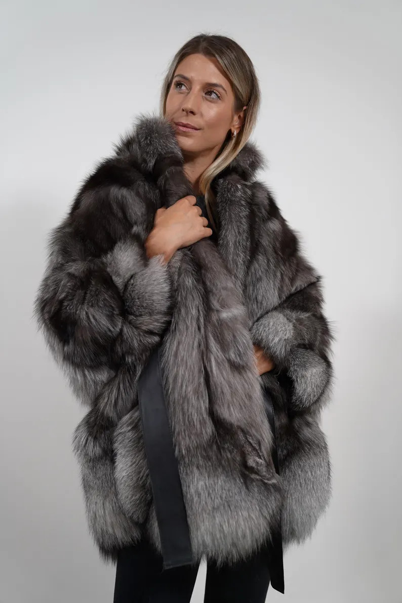 Luxury Silver Frost Fox Fur Cape: Real Fur Jacket Poncho With Belt - Etsy Canada | Etsy (US)