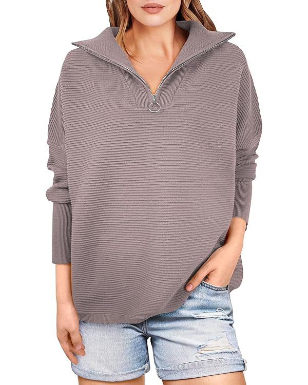 ANRABESS Women Quarter Zip Oversized Casual Loose Rib Knit Cozy Pullover Sweaters Top 2025 Fall F... | Amazon (US)