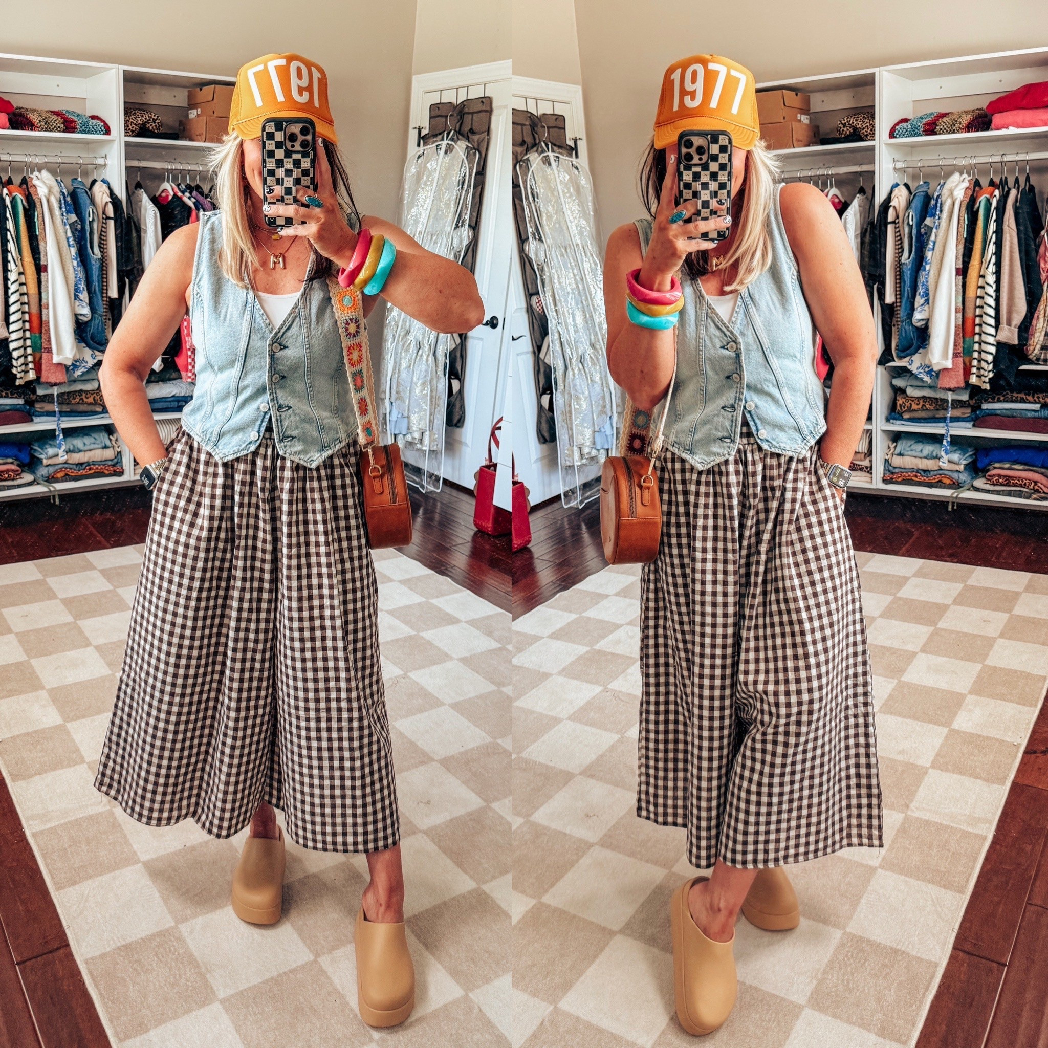 These gingham pants from Amazon are so dang cute and only $25. They come in more colors and I’m wearing my true size. 
I’m wearing a medium in this tank and denim vest too.  I size down in crocs and these are so comfy and amazing! 

#LTKStyleTip #LTKFindsUnder50 #LTKOver40