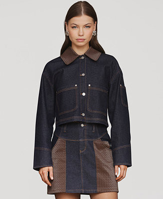 Women's Faux-Leather Collar Crop Trucker Jacket | Macy's