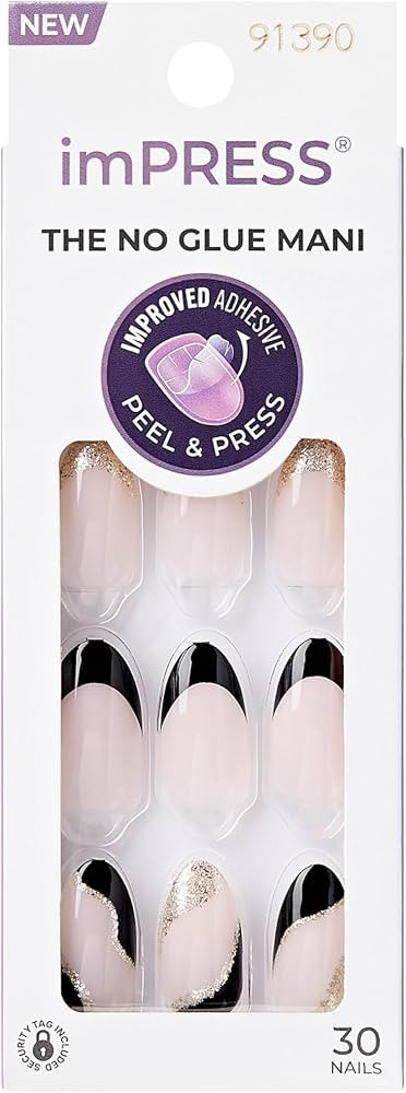 KISS imPRESS No Glue Mani Press On Nails, French, 'Illusion', Dark Neutral + Black Tip French, Me... | Amazon (US)