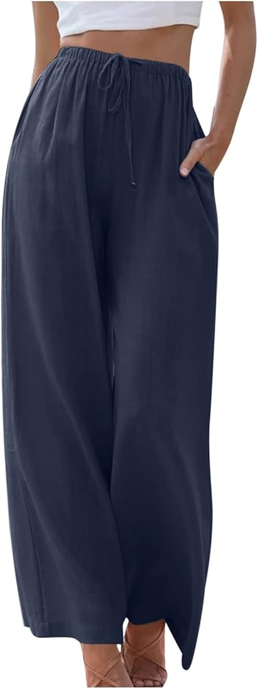 Womens Linen Wide Leg Pants Drawstring Elastic Waist Palazzo Pant Summer Casual Lightweight Beach... | Amazon (US)